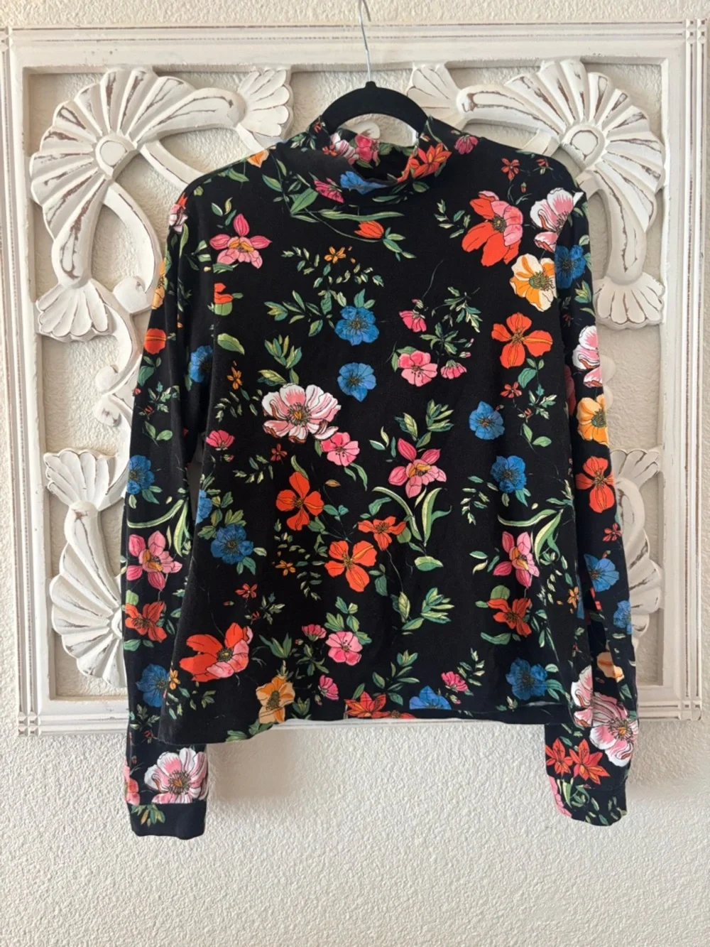 Maeve Black Floral Mock-Neck Long Sleeve Top - Picture 1 of 4